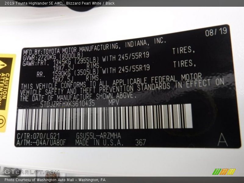 Blizzard Pearl White / Black 2019 Toyota Highlander SE AWD