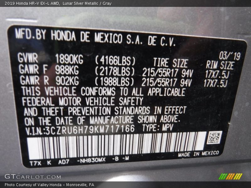 Lunar Silver Metallic / Gray 2019 Honda HR-V EX-L AWD