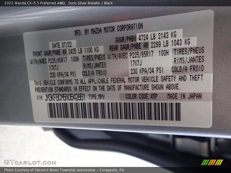 2022 CX-5 S Preferred AWD Sonic Silver Metallic Color Code 45P