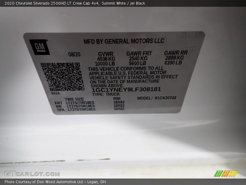 Summit White / Jet Black 2020 Chevrolet Silverado 2500HD LT Crew Cab 4x4