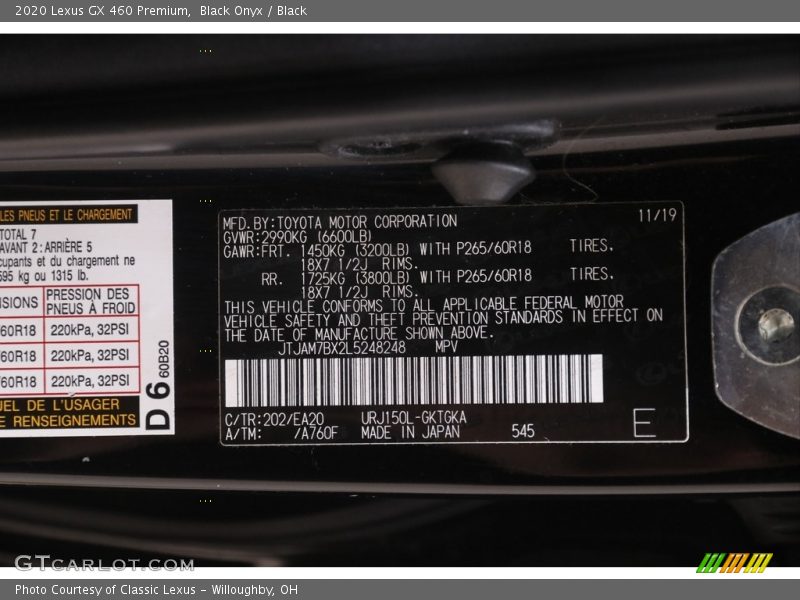 Black Onyx / Black 2020 Lexus GX 460 Premium