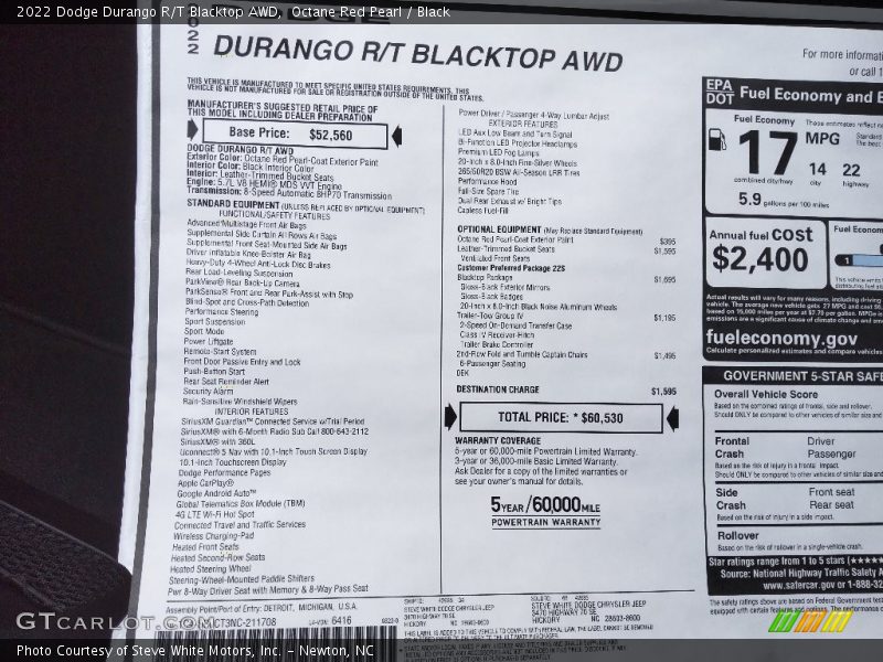 Octane Red Pearl / Black 2022 Dodge Durango R/T Blacktop AWD