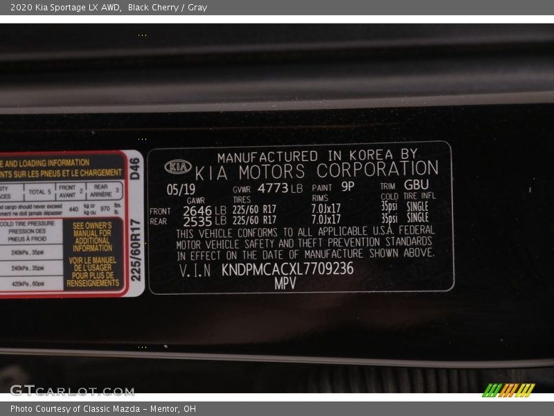 Black Cherry / Gray 2020 Kia Sportage LX AWD