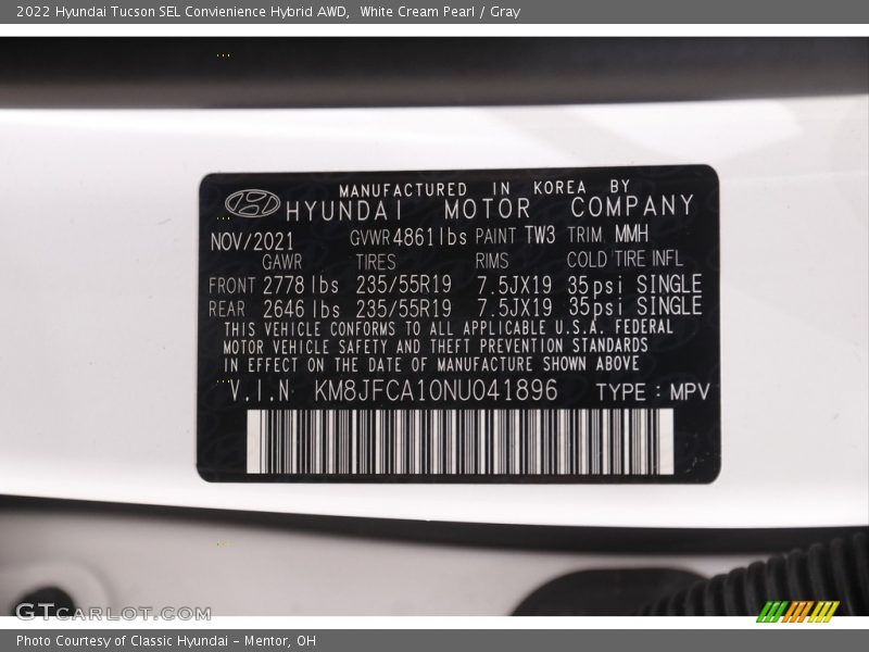 White Cream Pearl / Gray 2022 Hyundai Tucson SEL Convienience Hybrid AWD