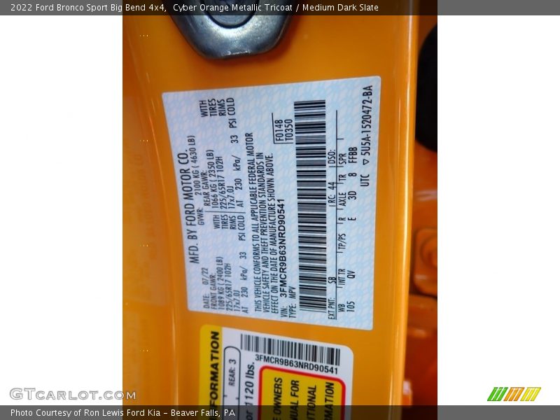 2022 Bronco Sport Big Bend 4x4 Cyber Orange Metallic Tricoat Color Code SB