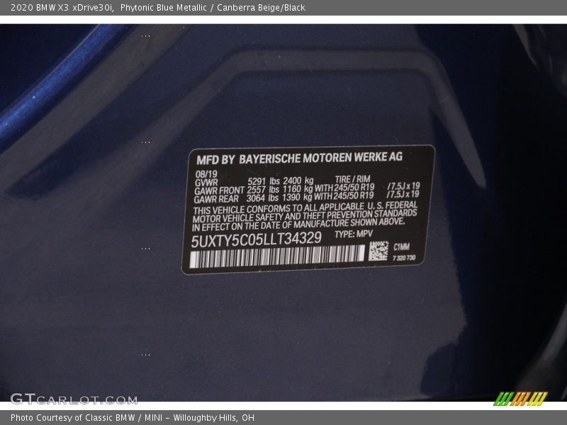 Phytonic Blue Metallic / Canberra Beige/Black 2020 BMW X3 xDrive30i