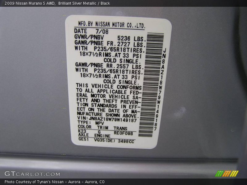 Brilliant Silver Metallic / Black 2009 Nissan Murano S AWD
