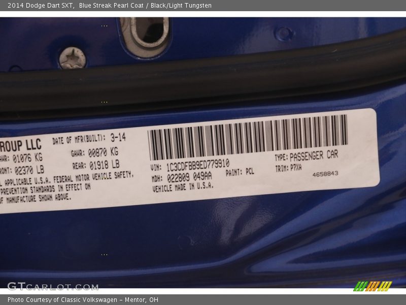 Blue Streak Pearl Coat / Black/Light Tungsten 2014 Dodge Dart SXT