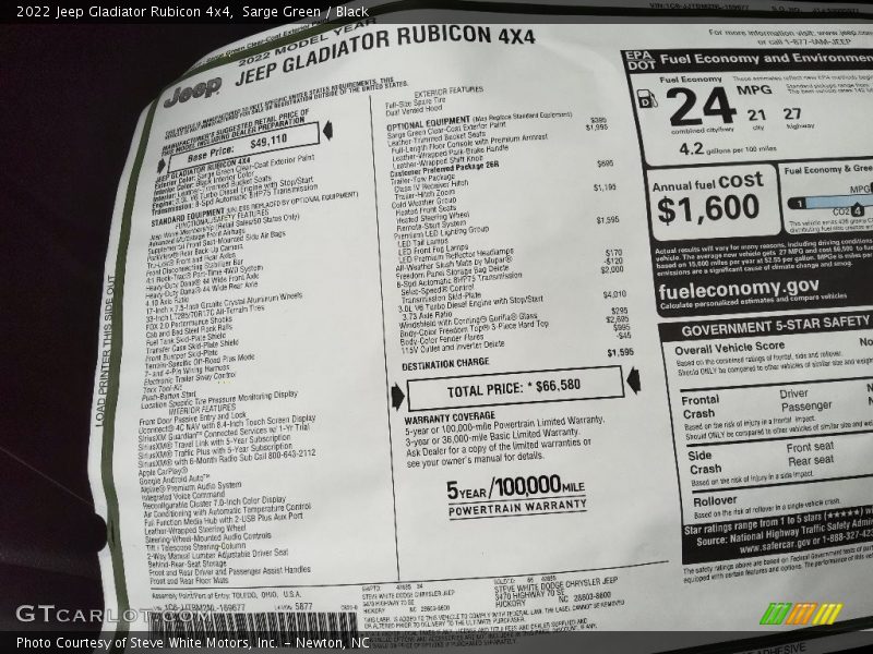  2022 Gladiator Rubicon 4x4 Window Sticker