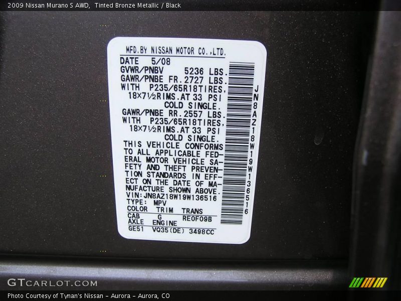 Tinted Bronze Metallic / Black 2009 Nissan Murano S AWD
