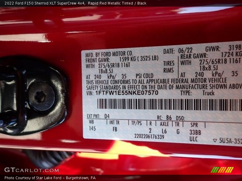 2022 F150 Sherrod XLT SuperCrew 4x4 Rapid Red Metallic Tinted Color Code D4