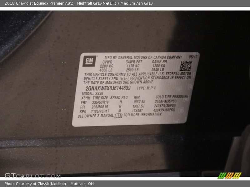 Nightfall Gray Metallic / Medium Ash Gray 2018 Chevrolet Equinox Premier AWD