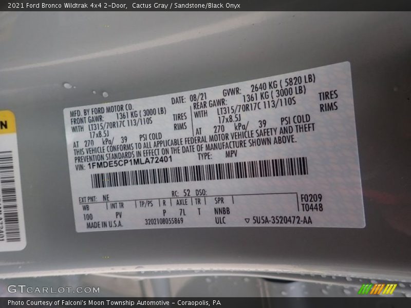 2021 Bronco Wildtrak 4x4 2-Door Cactus Gray Color Code NE