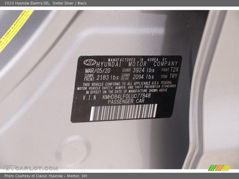 Stellar Silver / Black 2020 Hyundai Elantra SEL