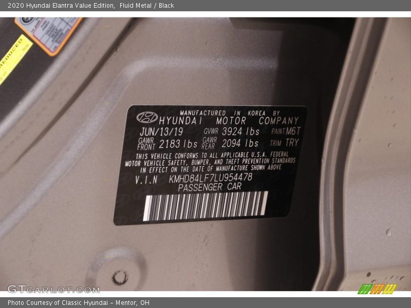 Fluid Metal / Black 2020 Hyundai Elantra Value Edition