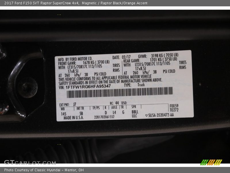 Magnetic / Raptor Black/Orange Accent 2017 Ford F150 SVT Raptor SuperCrew 4x4