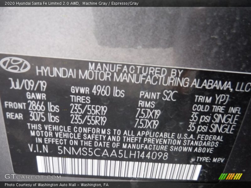 Machine Gray / Espresso/Gray 2020 Hyundai Santa Fe Limited 2.0 AWD