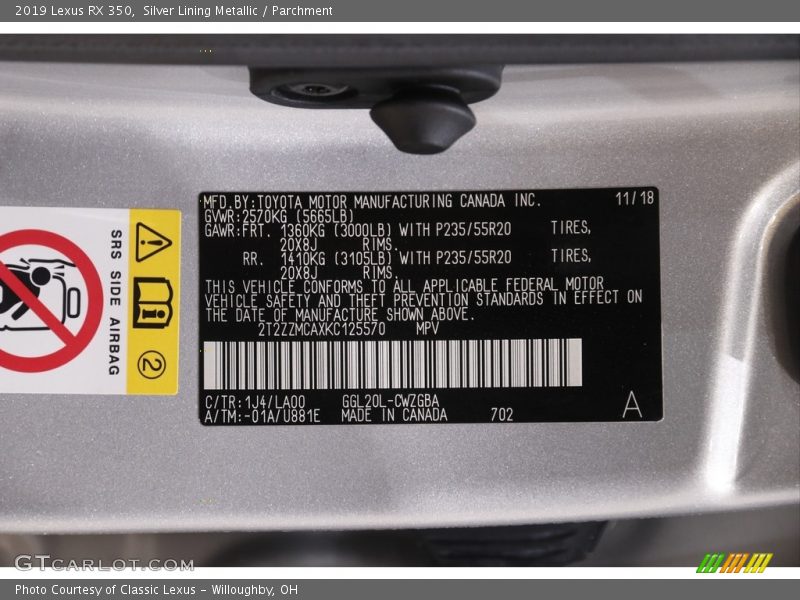 2019 RX 350 Silver Lining Metallic Color Code 1J4