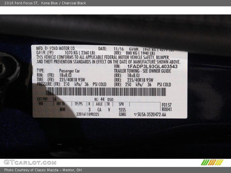 Kona Blue / Charcoal Black 2016 Ford Focus ST