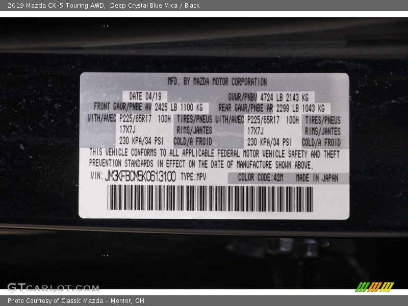 Deep Crystal Blue Mica / Black 2019 Mazda CX-5 Touring AWD