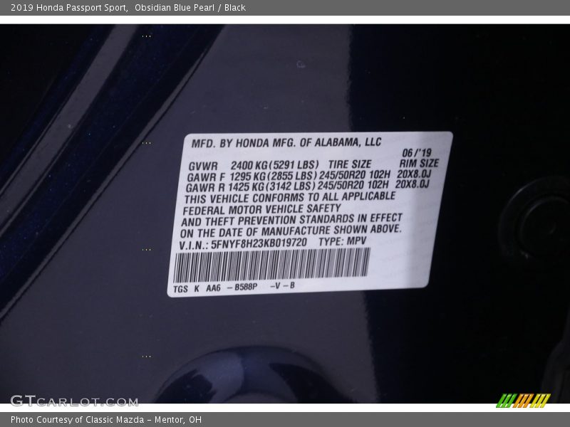 Obsidian Blue Pearl / Black 2019 Honda Passport Sport