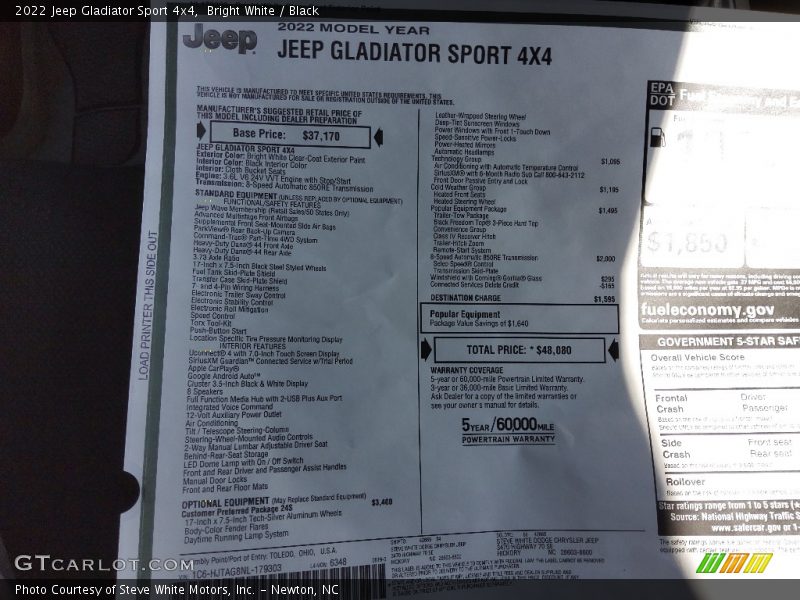 Bright White / Black 2022 Jeep Gladiator Sport 4x4