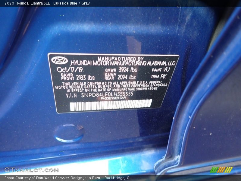 Lakeside Blue / Gray 2020 Hyundai Elantra SEL