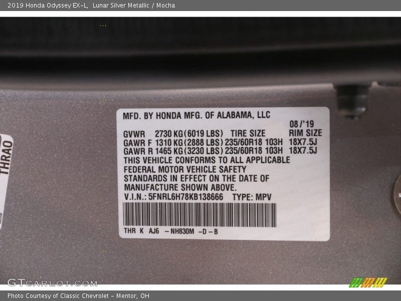 Lunar Silver Metallic / Mocha 2019 Honda Odyssey EX-L