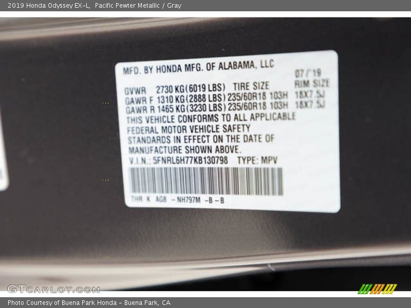 Pacific Pewter Metallic / Gray 2019 Honda Odyssey EX-L