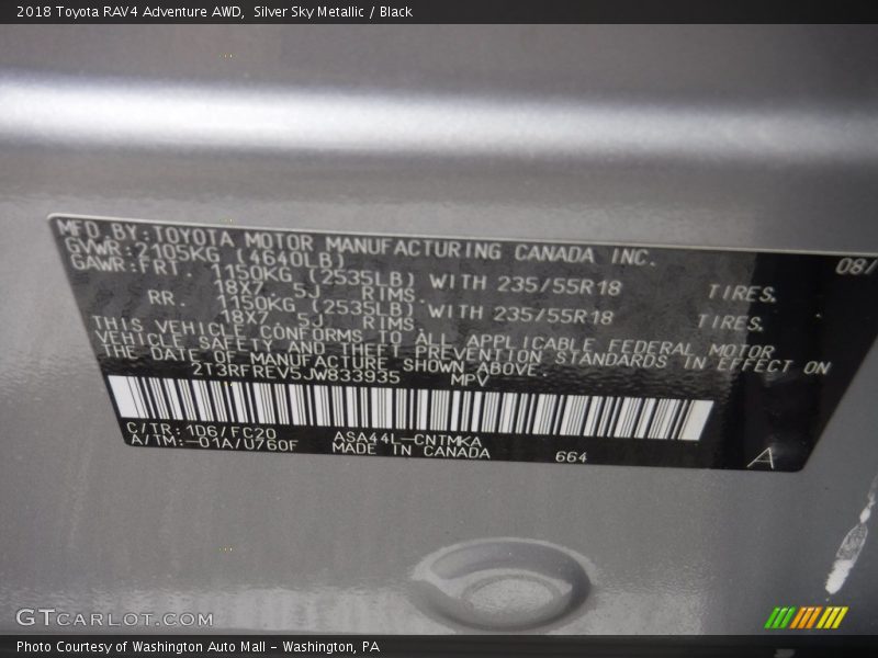 Silver Sky Metallic / Black 2018 Toyota RAV4 Adventure AWD
