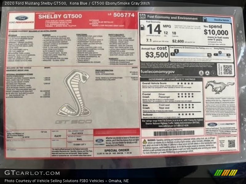  2020 Mustang Shelby GT500 Window Sticker