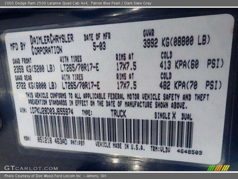 Patriot Blue Pearl / Dark Slate Gray 2003 Dodge Ram 2500 Laramie Quad Cab 4x4