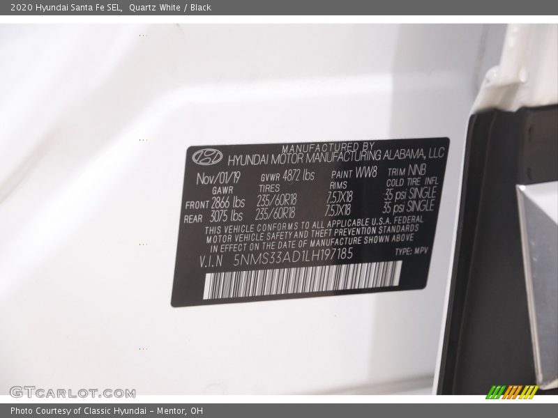 Quartz White / Black 2020 Hyundai Santa Fe SEL