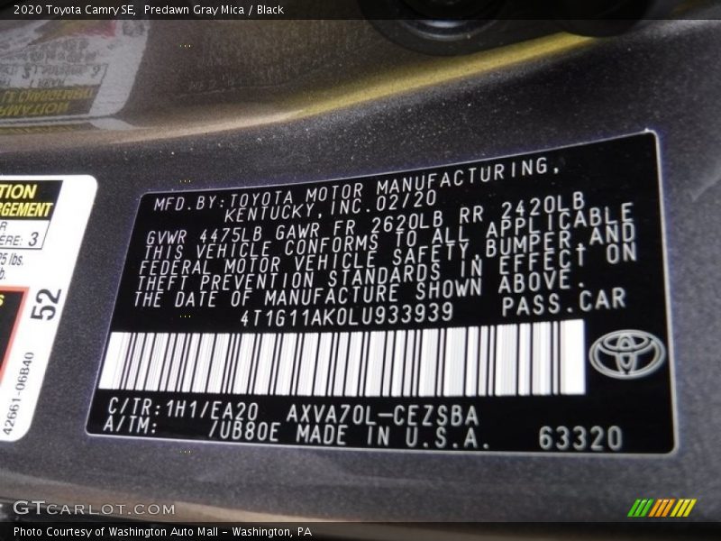 Predawn Gray Mica / Black 2020 Toyota Camry SE