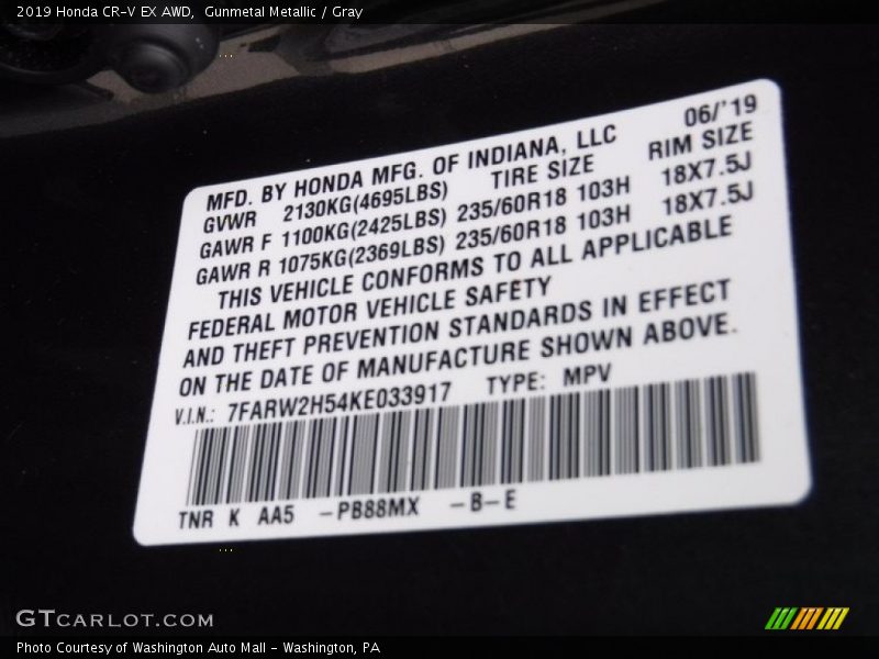 Gunmetal Metallic / Gray 2019 Honda CR-V EX AWD