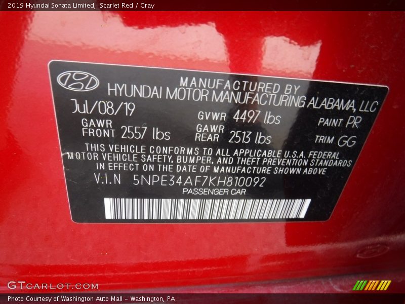 Scarlet Red / Gray 2019 Hyundai Sonata Limited