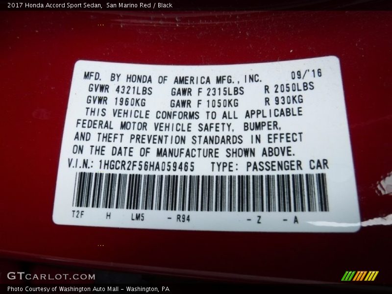 San Marino Red / Black 2017 Honda Accord Sport Sedan