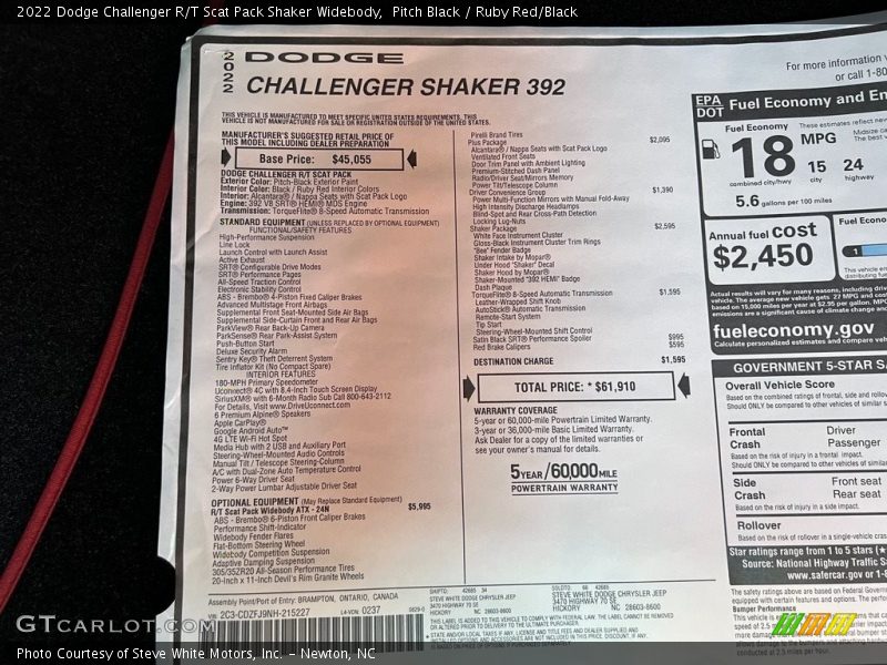  2022 Challenger R/T Scat Pack Shaker Widebody Window Sticker