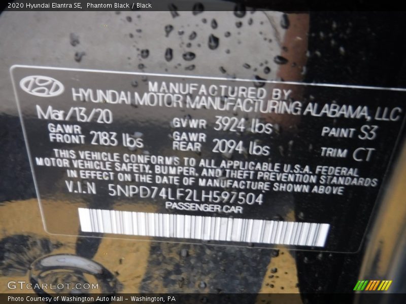 Phantom Black / Black 2020 Hyundai Elantra SE