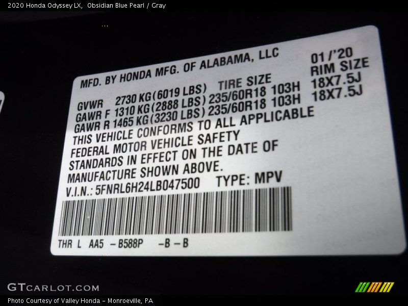 Obsidian Blue Pearl / Gray 2020 Honda Odyssey LX