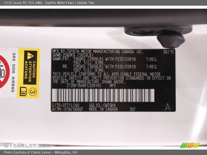 Starfire White Pearl / Saddle Tan 2015 Lexus RX 350 AWD