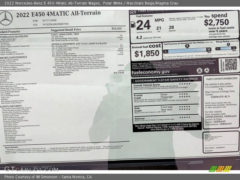  2022 E 450 4Matic All-Terrain Wagon Window Sticker