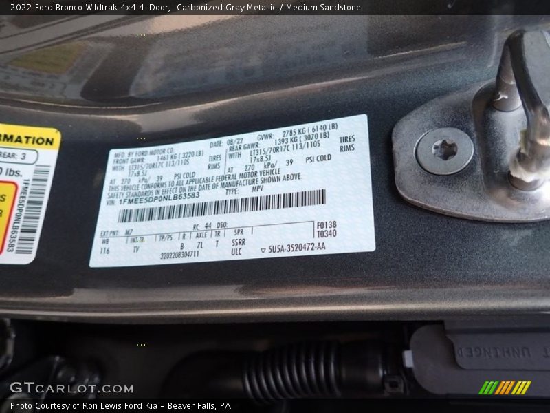 2022 Bronco Wildtrak 4x4 4-Door Carbonized Gray Metallic Color Code M7
