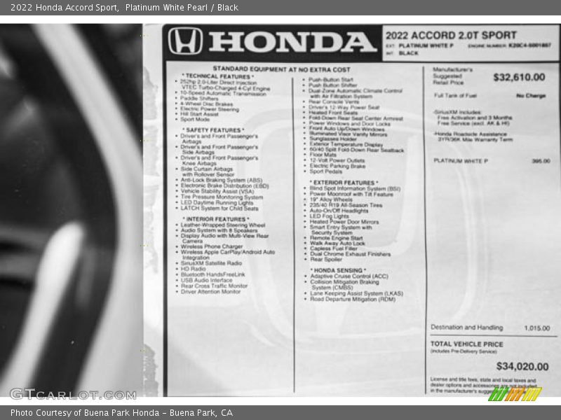 Platinum White Pearl / Black 2022 Honda Accord Sport