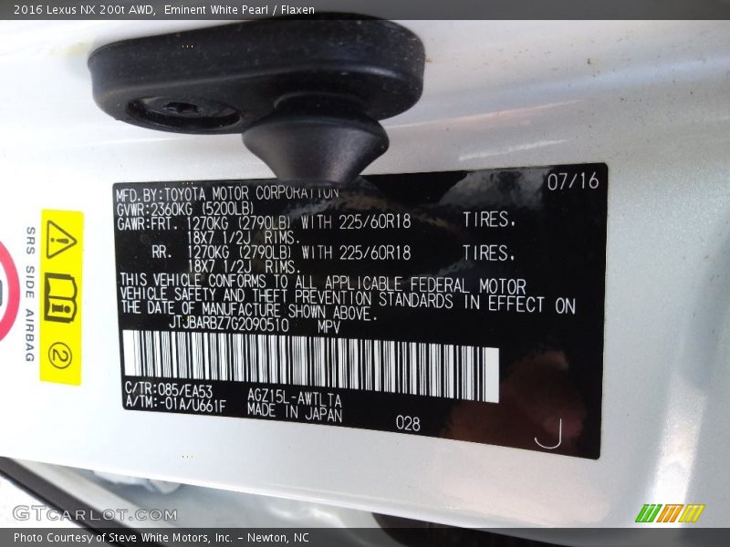 2016 NX 200t AWD Eminent White Pearl Color Code 085