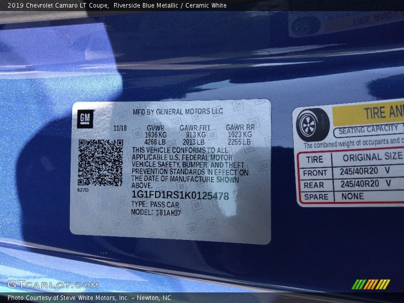 Riverside Blue Metallic / Ceramic White 2019 Chevrolet Camaro LT Coupe