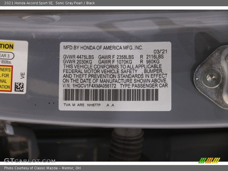 Sonic Gray Pearl / Black 2021 Honda Accord Sport SE