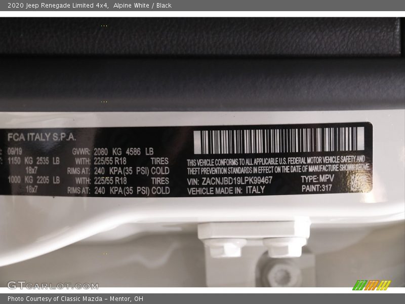 Alpine White / Black 2020 Jeep Renegade Limited 4x4