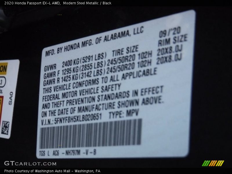 Modern Steel Metallic / Black 2020 Honda Passport EX-L AWD