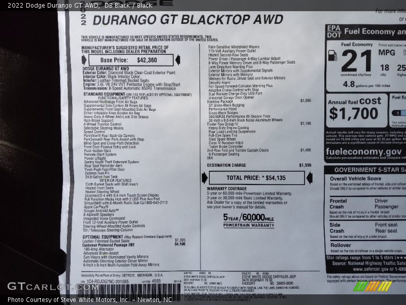 DB Black / Black 2022 Dodge Durango GT AWD